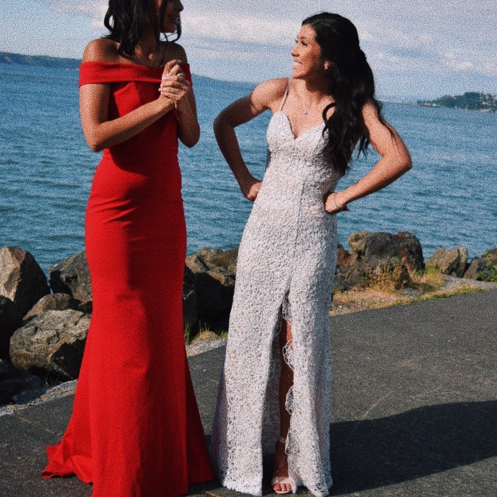 Sherri Hill red off the shoulder prom dress